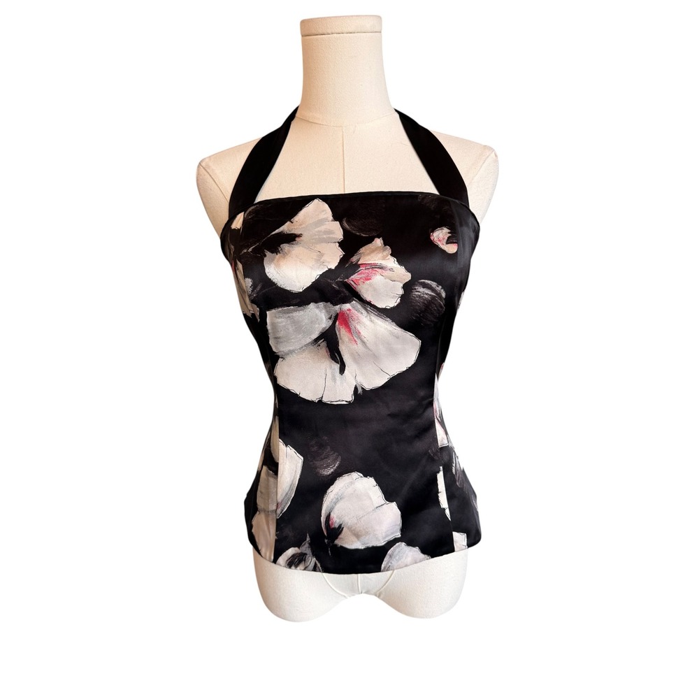 White House Black Market 100% Silk Floral Halter Corset Top Blk White Pink Sz 8